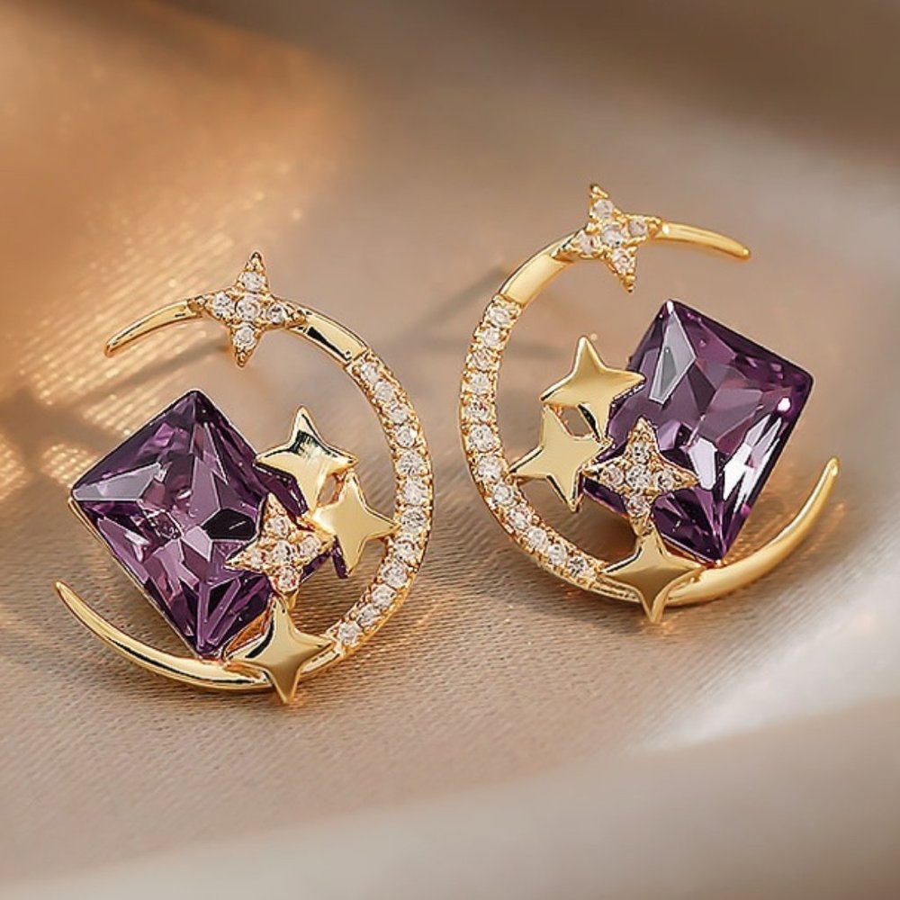 DESIGNER Celestial Crescent Moon & Star Gold/Purple + Clear Crystals Earrings